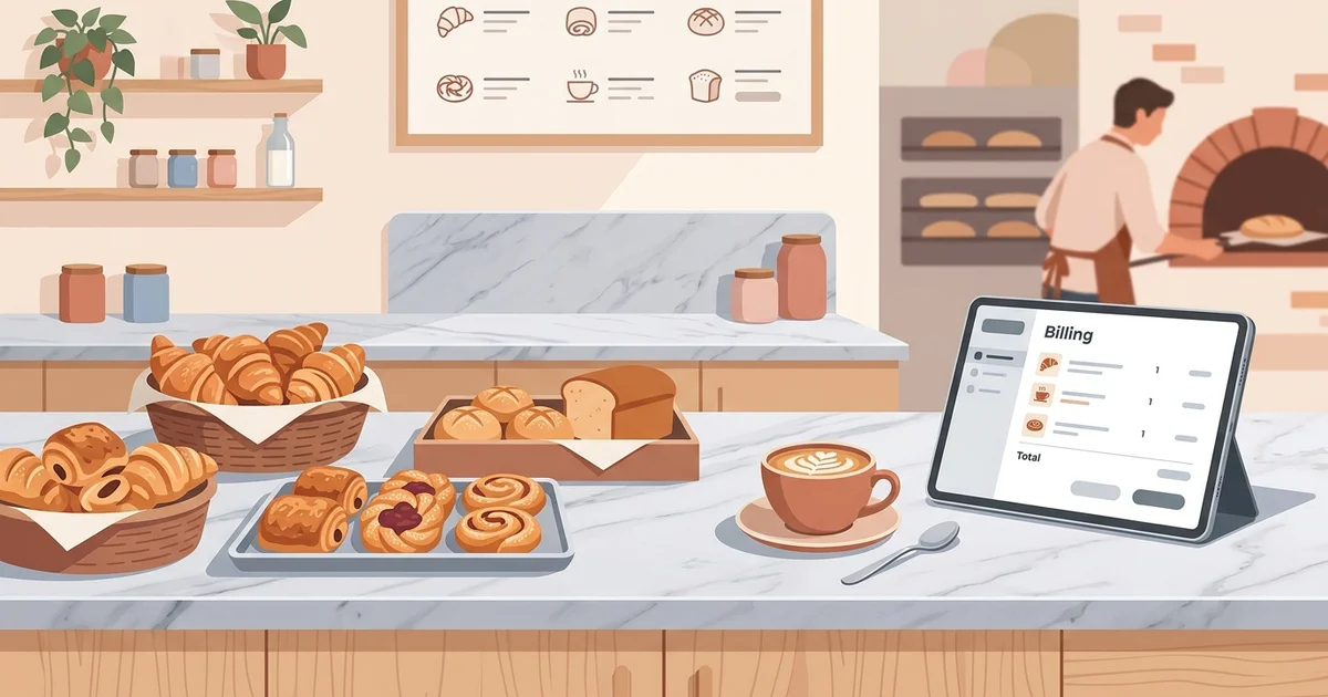 Bakery billing counter with fresh pastries and a digital invoice on a tablet