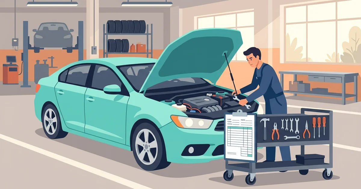 Auto repair garage with tools and a service invoice clipboard