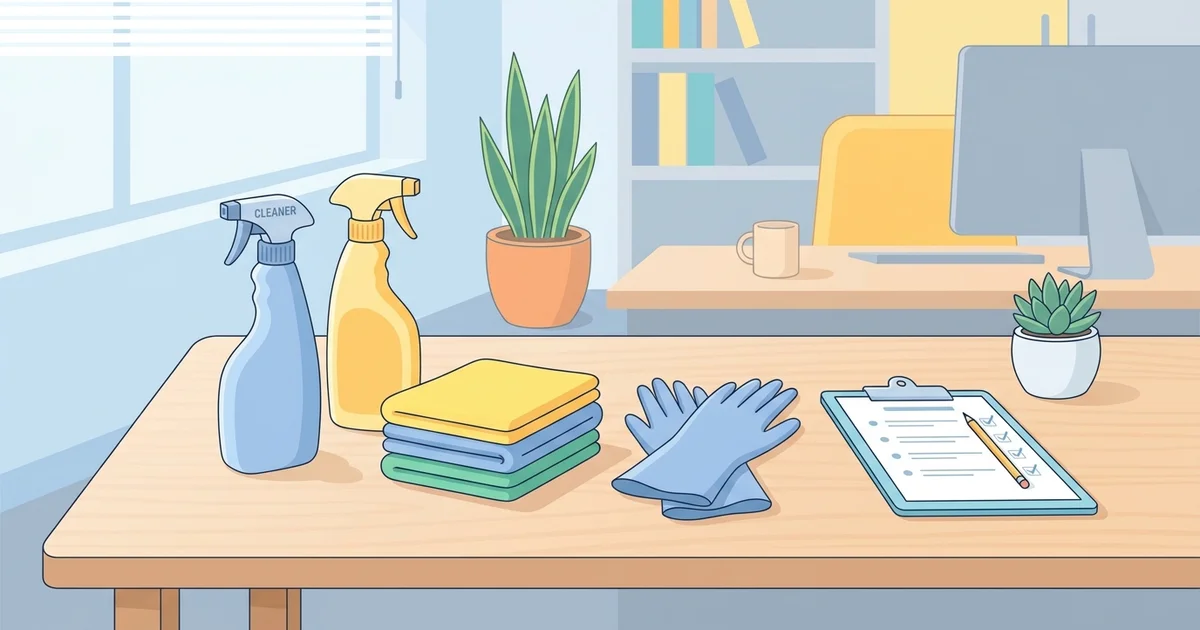 Professional cleaning supplies and service checklist clipboard