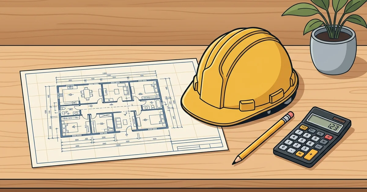Construction blueprint, hard hat, and calculator for project billing