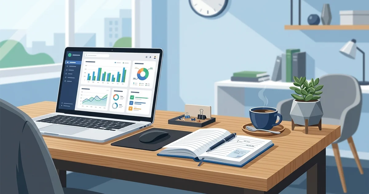 Modern consultant workspace with laptop and business dashboard