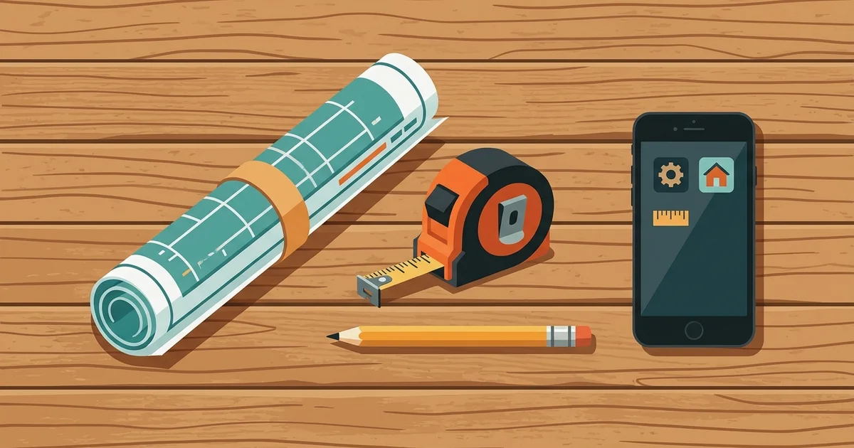 Contractor tool belt, tape measure, and blueprint for client estimation