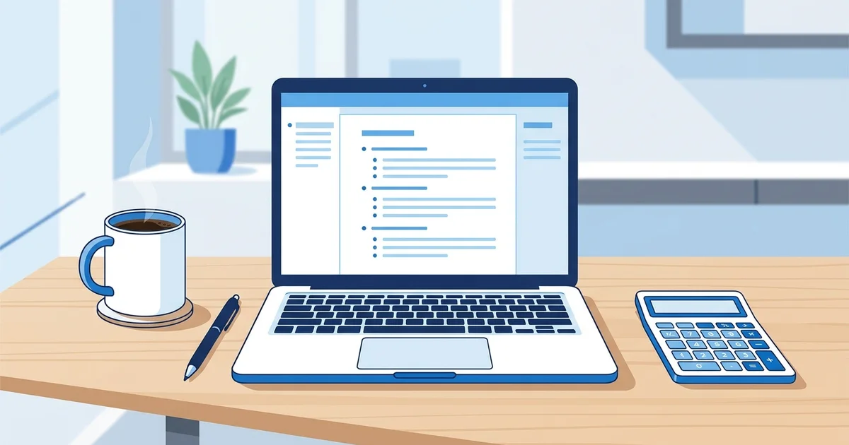 Sleek office workspace with laptop showing a clean invoice document