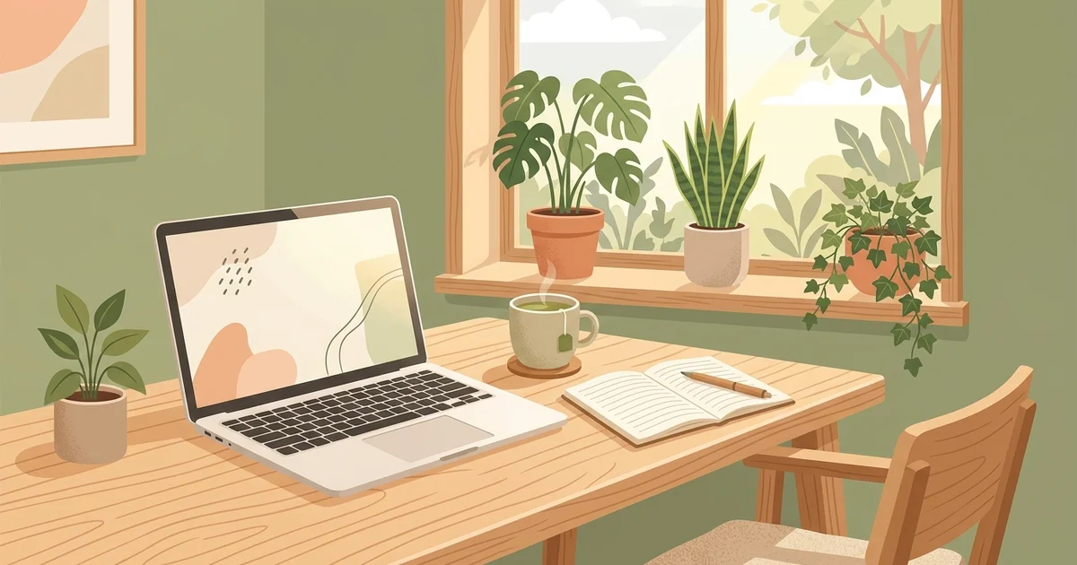 Cozy freelance workspace with laptop, tea, and notebook