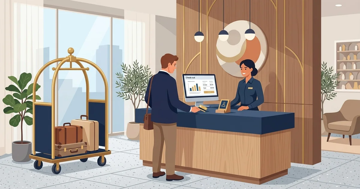 Hotel reception desk with checkout bill on monitor