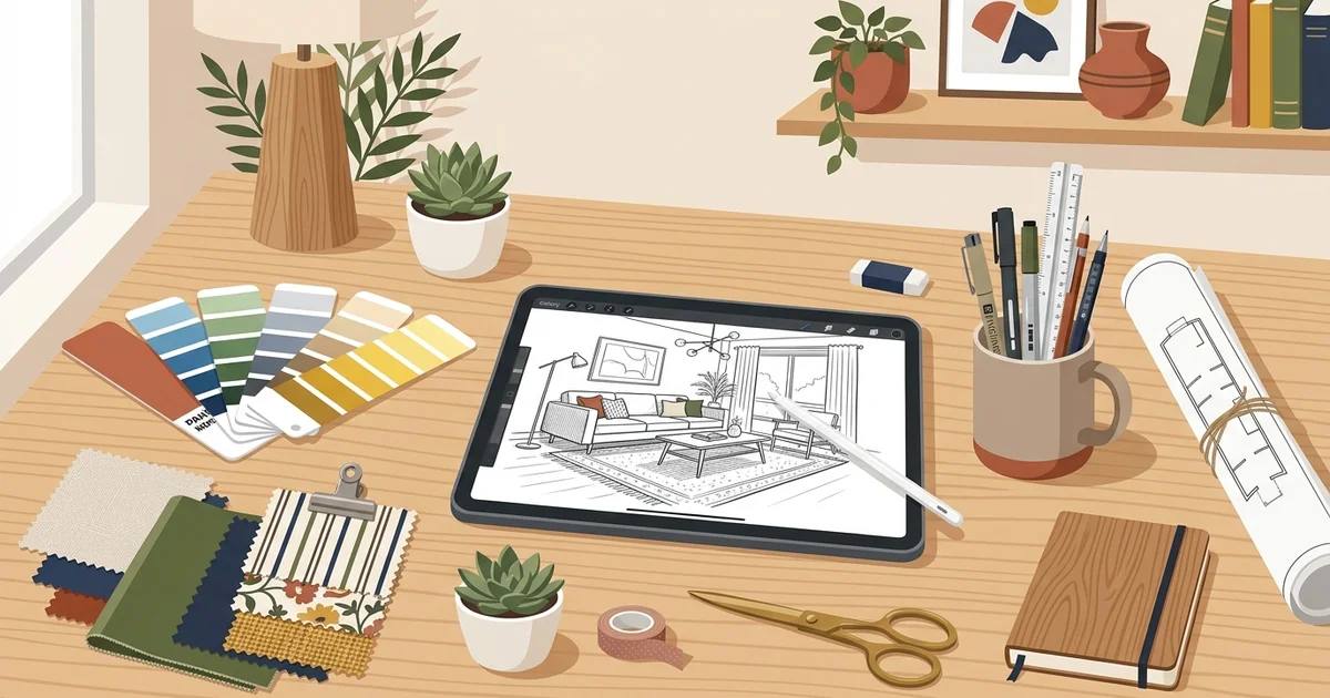 Interior designer desk with fabric samples and room layout sketch