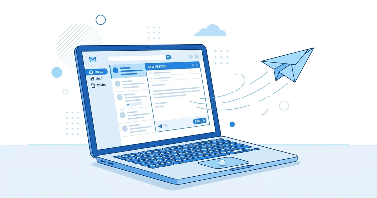 Email envelope flying out of a laptop screen representing invoice delivery